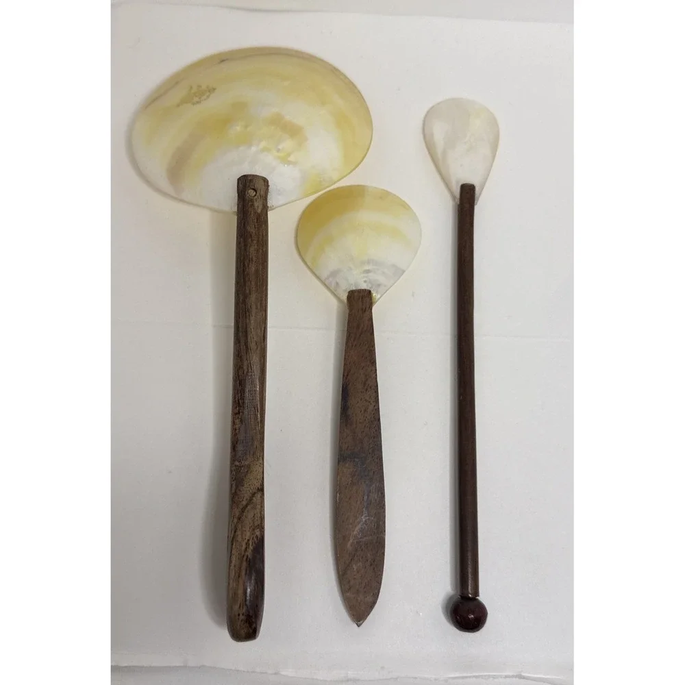 3 Vtg Mother of Pearl Spoons  w/ Coconut Wood Handle For Jam Cream Caviar #1619